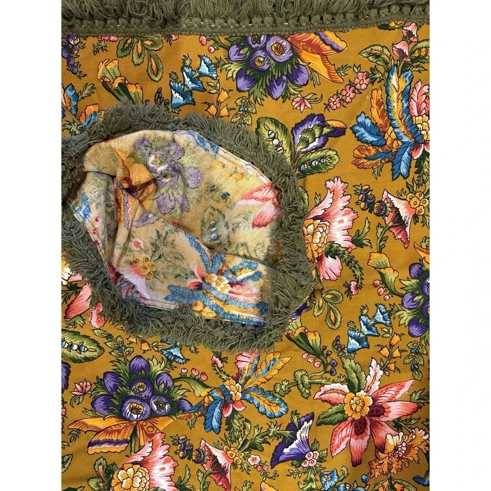Vintage Retro Fringe‎ Tablecloth 1970 green 44X56 floral colorful!